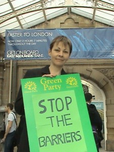 Caroline Lucas, leader of the Green Party, protests against EMT at Sheffield Station