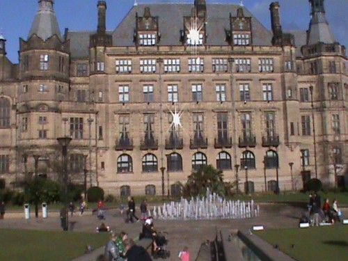 town hall and peace gardens fountain